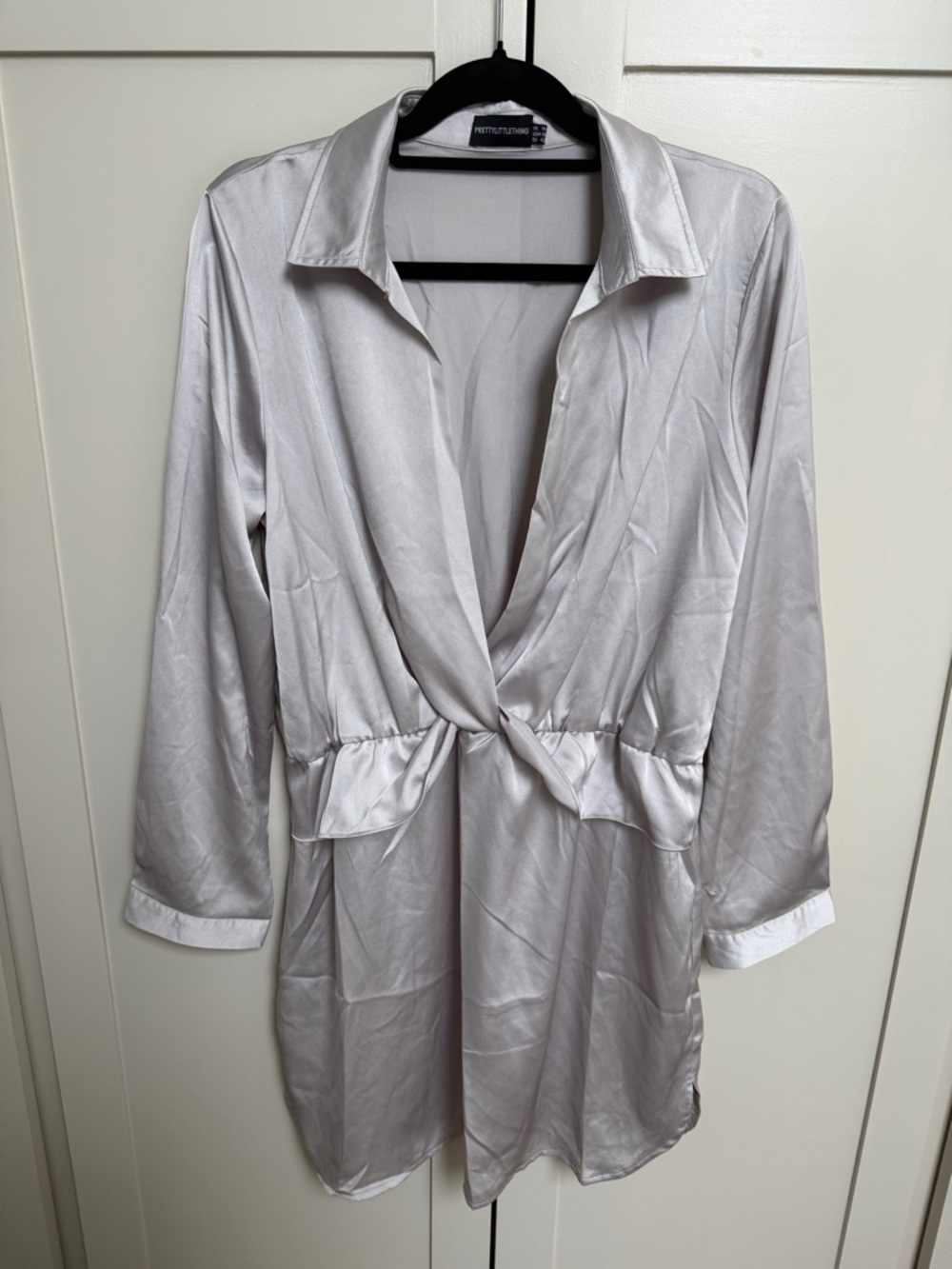 PrettyLittleThing Silver Satin Twist-Front Mini Dress